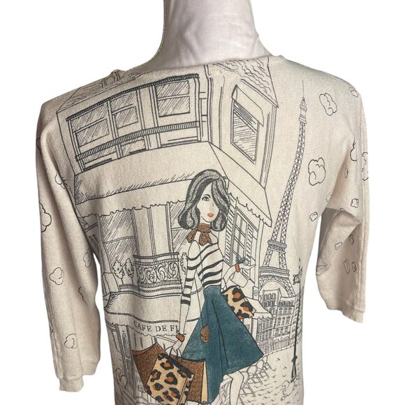 Womens Novelty Graphic Sweater Sz S Beige Parisian Girl Embellished Cute Artsy - Picture 10 of 15